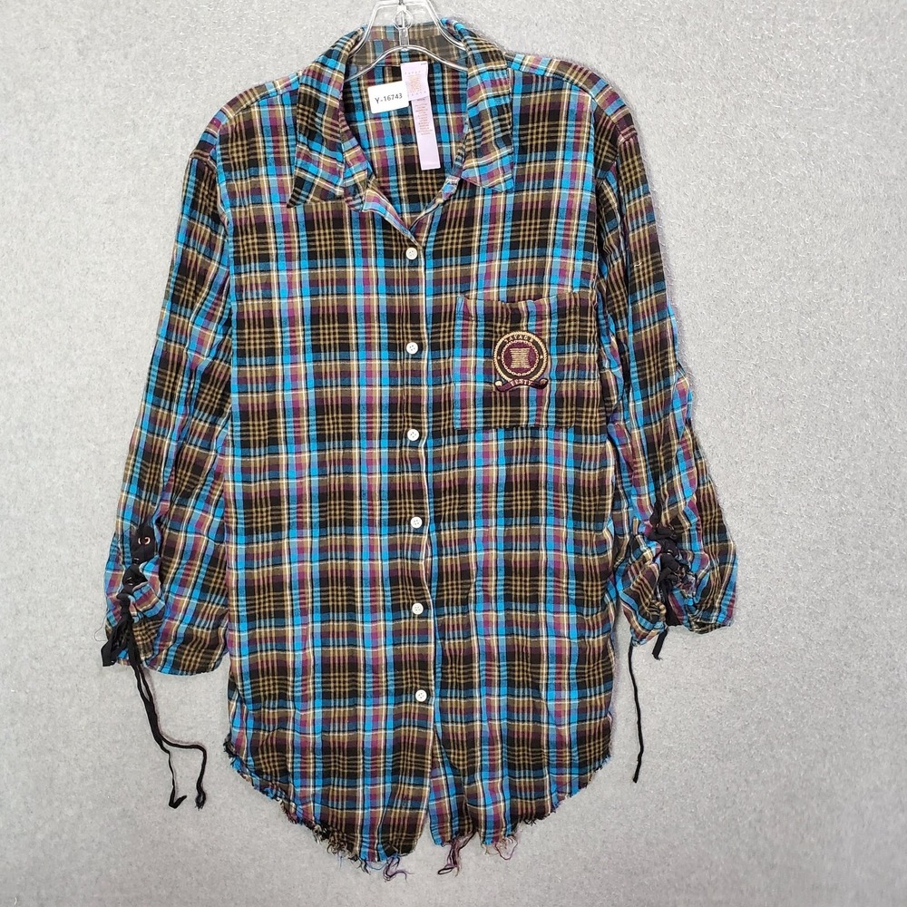 Savage Fenty Women Sleepwear Medium Blue Plaid Button Up Shirt Flannel Collar